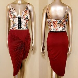 NWOT Merlot Side Knot Ruched Asymmetrical Knit Skirt Sz L